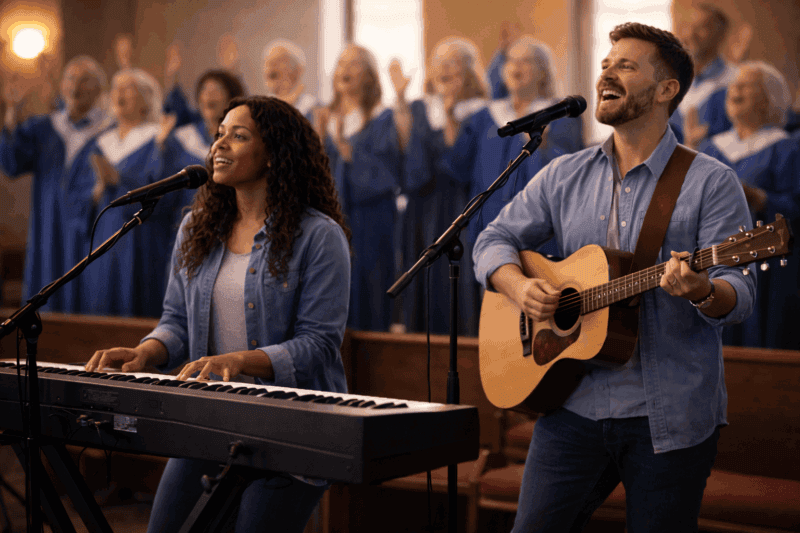 Worship leaders guiding the congregation with keyboard and guitar, choir in background