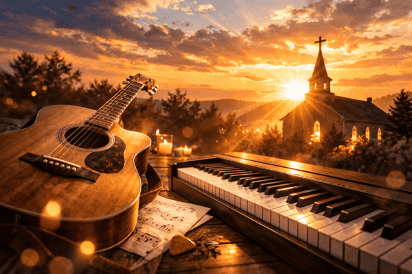 Modern Hymns - Keyboard, guitar, and church imagery with sunset background